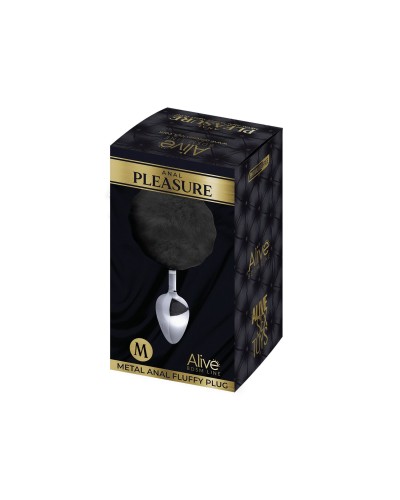 Металева анальна пробка Кролячий хвостик Alive Fluffy Plug M Black, діаметр 3,4 см