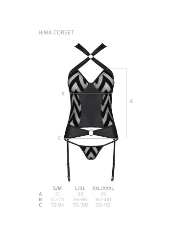 Сітчастий комплект із візерунком Hima Corset black L/XL - Passion, корсет з халтером, підв'язки, тру