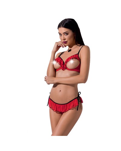 Комплект білизни CHERRY SET OpenBra red XXL/XXXL - Passion Exclusive: відкритий ліф, трусики-спіднич