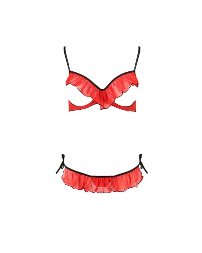 Комплект білизни CHERRY SET OpenBra red XXL/XXXL - Passion Exclusive: відкритий ліф, трусики-спіднич