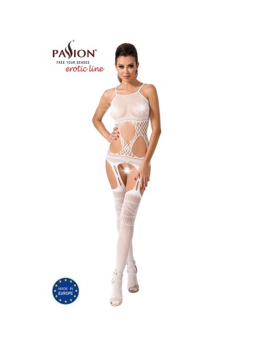 Бодистокинг Passion BS047 white, комбинезон, имитация топа, чулок и пояса