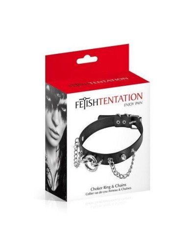 Нашийник ланцюжками, шипами і кільцем Fetish Tentation Choker Rings and Chains, екошкіра