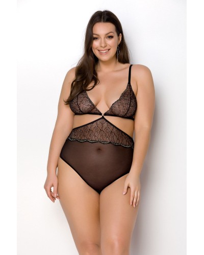 Боди Passion Amberly Body 4XL/5XL black, ассиметричный крой, кружевной лиф, золотая нить