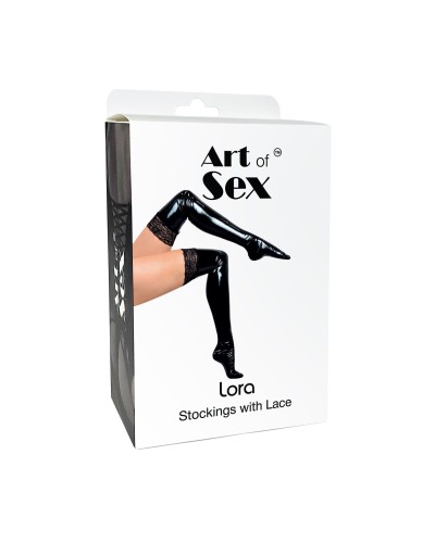 Сексуальні вінілові панчохи Art of Sex - Lora з мереживом, розмір S, колір червоний