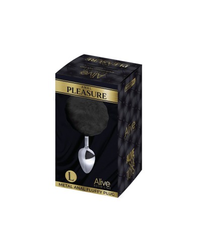 Металева анальна пробка Кролячий хвостик Alive Fluffy Plug L Black, діаметр 3,9 см