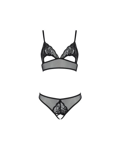 Комплект: браллет с ажурным лифом и открытыми трусиками Christa Set with Open Bra black S/M — Passio