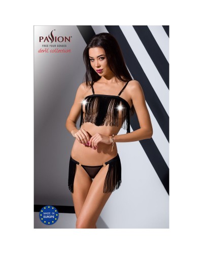 Комплект белья KASSANDRA SET OpenBra black L/XL - Passion Exclusive: лиф из бахромы, трусики-юбка