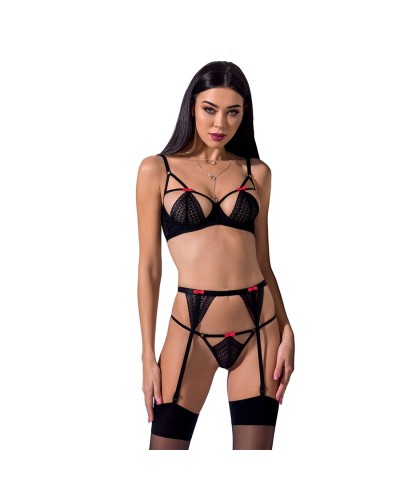 Комплект белья PERDITA SET black S/M - Passion Exclusive: стрэпы: лиф, стринги и пояс для чулок