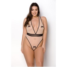 Боди Passion Viena Body 4XL/5XL beige, контрастное, бантики, вставка-сетка, открытые ягодицы