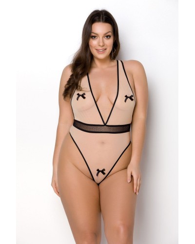 Боди Passion Viena Body 4XL/5XL beige, контрастное, бантики, вставка-сетка, открытые ягодицы