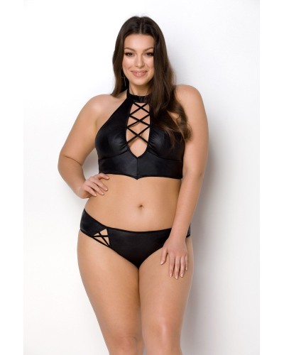 Комплект з екошкіри Passion Nancy Bikini 4XL/5XL black, бра та трусики з імітацією шнурівки