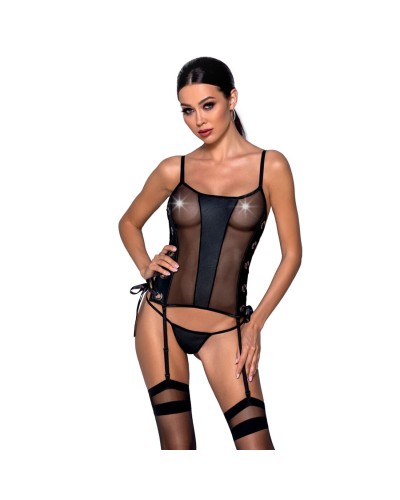 Сетчатый корсет из эко-кожи, с люверсами и съемными пажами Malwia Corset black L/XL — Passion, стрин