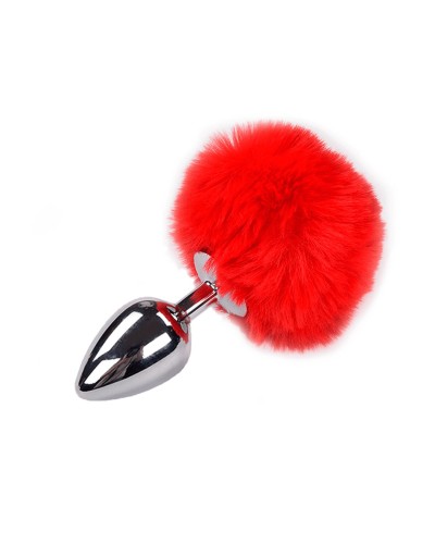 Металлическая анальная пробка Кроличий хвостик Alive Fluffy Plug L Red, диаметр 3,9 см