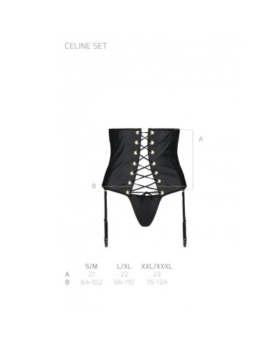 Пояс-корсет з екошкіри CELINE SET black S/M — Passion: шнурівка, знімні пажі для панчіх, стрінги