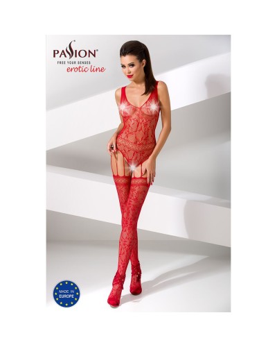 Бодістокінг Passion BS051 red, комбінезон, імітація панчох і боді