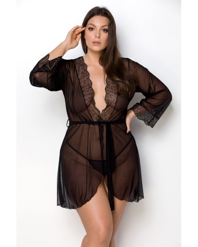 Пеньюар Passion Amberly Peignoir 6XL/7XL black, ажурные декольте и манжеты, широкие рукава