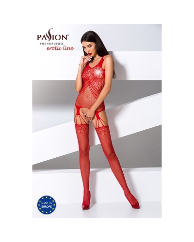 Бодистокинг Passion BS070 red, комбинезон, имитация чулок и ажурного топа