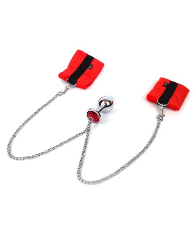 Наручники с металлической анальной пробкой Art of Sex Handcuffs with Metal Anal Plug  size M Red