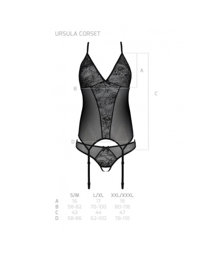 Корсет із пажами, трусики з ажурним декором та відкритим кроком Ursula Corset black L/XL — Passion