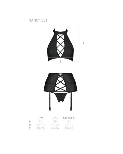 Комплект з еко-шкіри з імітацією шнурівки Nancy Set black S/M - Passion топ, трусики та пояс для пан