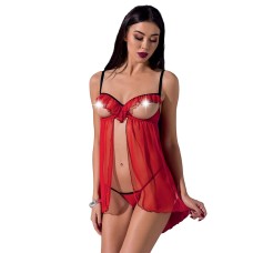 Прозрачный пеньюар с открытой грудью CHERRY CHEMISE red L/XL - Passion Exclusive, трусики