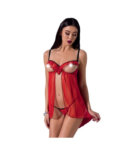 Прозрачный пеньюар с открытой грудью CHERRY CHEMISE red L/XL - Passion Exclusive, трусики