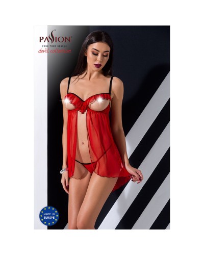 Прозрачный пеньюар с открытой грудью CHERRY CHEMISE red L/XL - Passion Exclusive, трусики