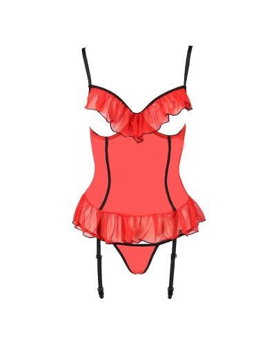 Корсет з відкритими грудьми CHERRY CORSET red S/M - Passion Exclusive, трусики, пажі, стрепи, оборки