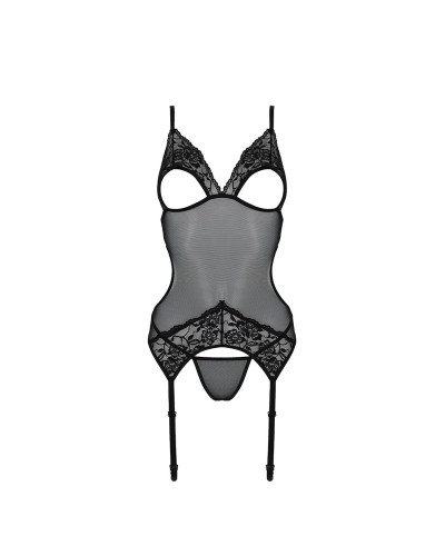 Корсет с подвязками и ажурным лифом Christa Corset black S/M — Passion, стринги в комплекте