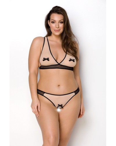 Комплект белья Passion Viena Set 6XL/7XL beige, лиф, стринги с доступом, бантики