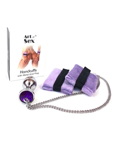 Наручники з металевою анальною пробкою Art of Sex Handcuffs with Metal Anal Plug size M Purple