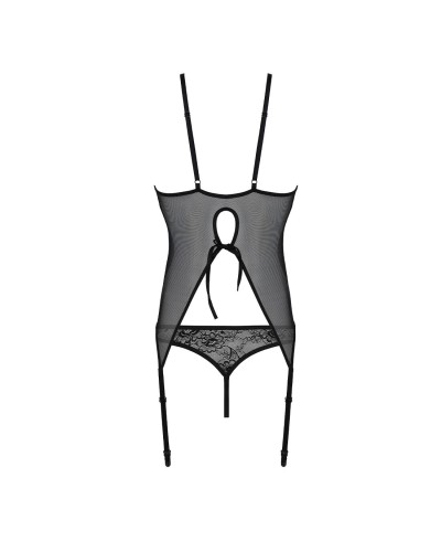 Корсет із пажами, трусики з ажурним декором та відкритим кроком Ursula Corset black S/M — Passion