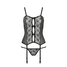 Корсет з пажами GRACIA CORSET black L/XL Passion, трусики, напівпрозорий