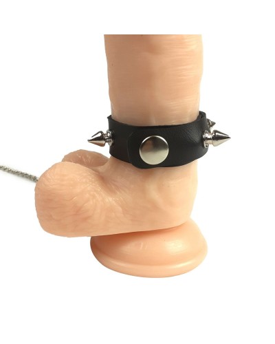 Кольцо для пениса Penis Ring с шипами и поводком, натуральная кожа