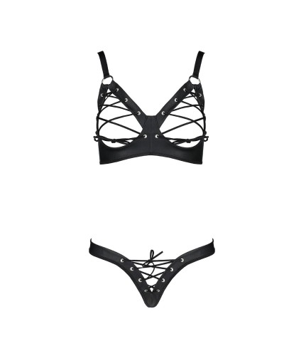 Комплект з екошкіри CELINE BIKINI black S/M — Passion: відкритий бра зі стрічками, стрінги зі шнурів