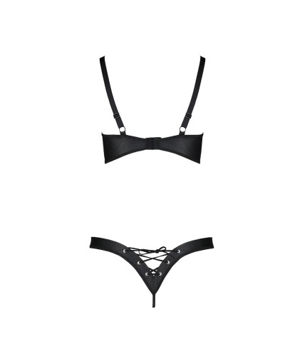 Комплект з екошкіри CELINE BIKINI black S/M — Passion: відкритий бра зі стрічками, стрінги зі шнурів