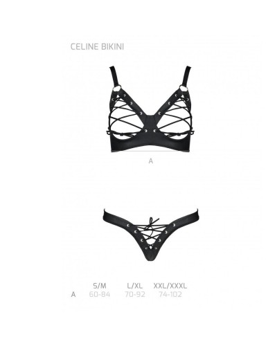 Комплект з екошкіри CELINE BIKINI black S/M — Passion: відкритий бра зі стрічками, стрінги зі шнурів