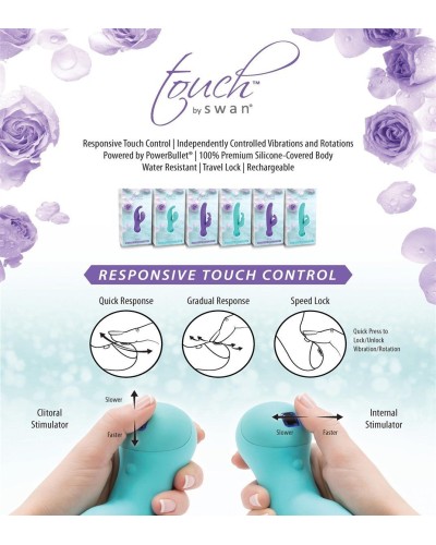 Вибратор-кролик с сенсорным управлением и ротацией Touch by SWAN - Duo Teal, глубокая вибрация