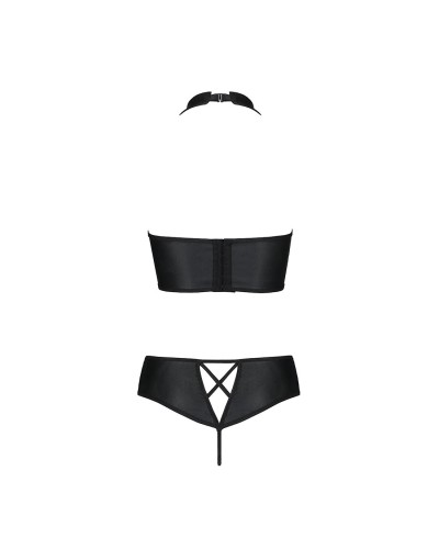 Комплект из эко-кожи Nancy Bikini black XXL/XXXL - Passion, бра и трусики с имитацией шнуровки 