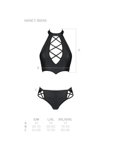 Комплект из эко-кожи Nancy Bikini black XXL/XXXL - Passion, бра и трусики с имитацией шнуровки 