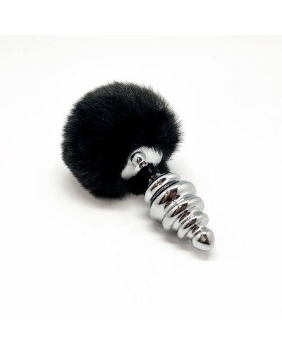 Металева анальна пробка Кролячий хвостик Alive Fluffy Twist Plug L Black, діаметр 3,8 см