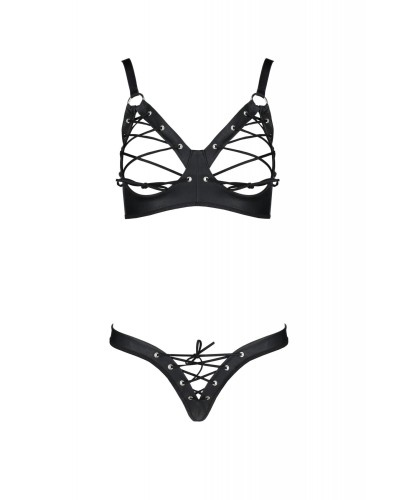 Комплект з екошкіри Passion Celine Bikini 6XL/7XL black, відкритий бра, стрінги зі шнурівкою