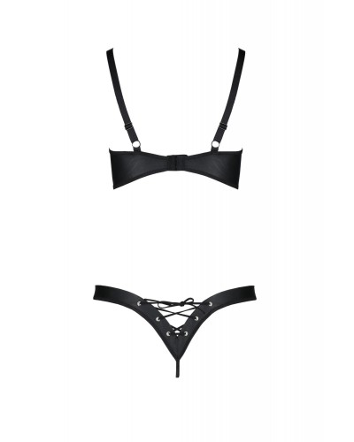 Комплект з екошкіри Passion Celine Bikini 6XL/7XL black, відкритий бра, стрінги зі шнурівкою