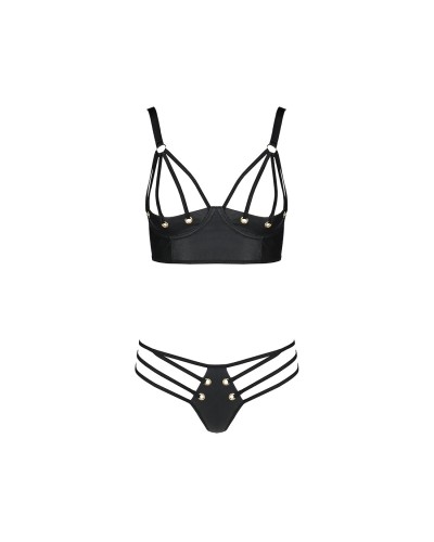 Комплект з екошкіри з люверсами та ремінцями Malwia Bikini black S/M — Passion, бра та трусики