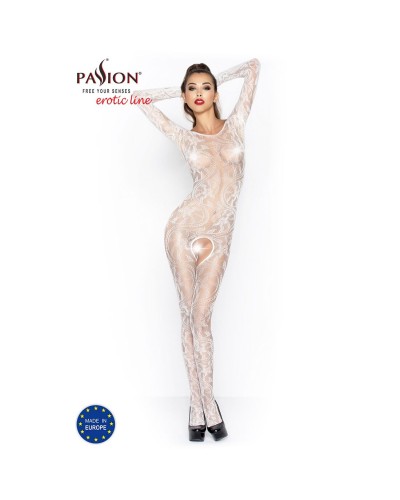 Бодістокінг Passion BS042 white, комбінезон, довгий рукав, закрите плече