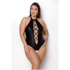 Боди из экокожи Passion Nancy Body 4XL/5XL black, с имитацией шнуровки и открытым доступом