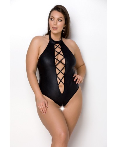 Боді з екошкіри Passion Nancy Body 4XL/5XL black, з імітацією шнурівки та відкритим доступом