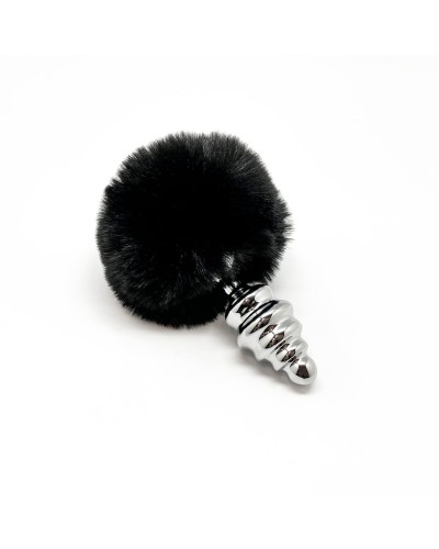 Металева анальна пробка Кролячий хвостик Alive Fluffy Twist Plug M Black, діаметр 3,4 см