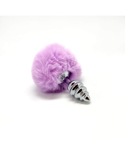 Металева анальна пробка Кролячий хвостик Alive Fluffy Twist Plug S Purple, діаметр 2,9 см