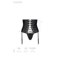 Пояс-корсет з екошкіри Celine Set black L/XL — Passion: шнурівка, знімні пажі для панчіх, стрінги